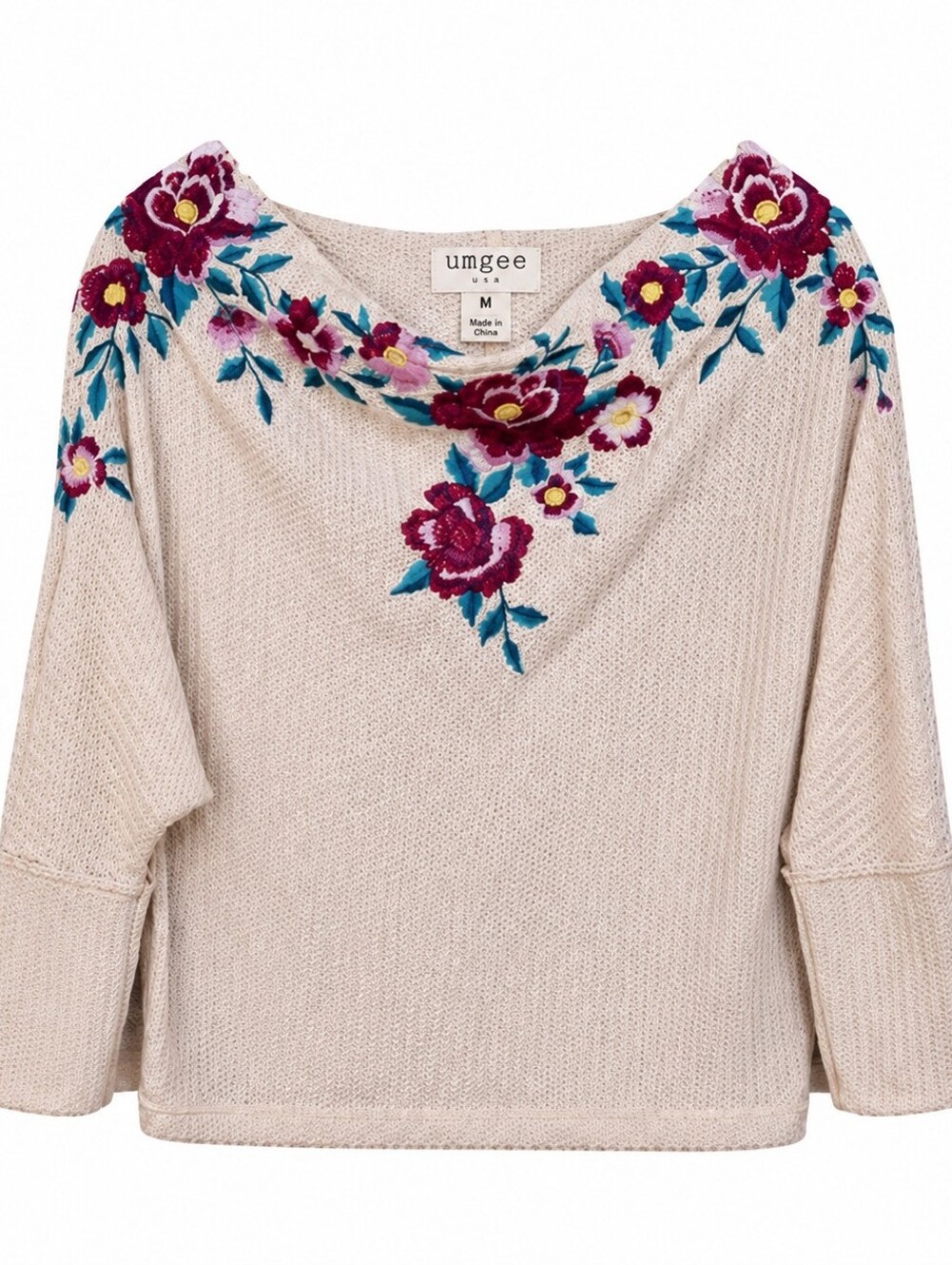 Umgee Floral Embroidered Waffle Knit Boho Top Medium Off The Shoulder Western